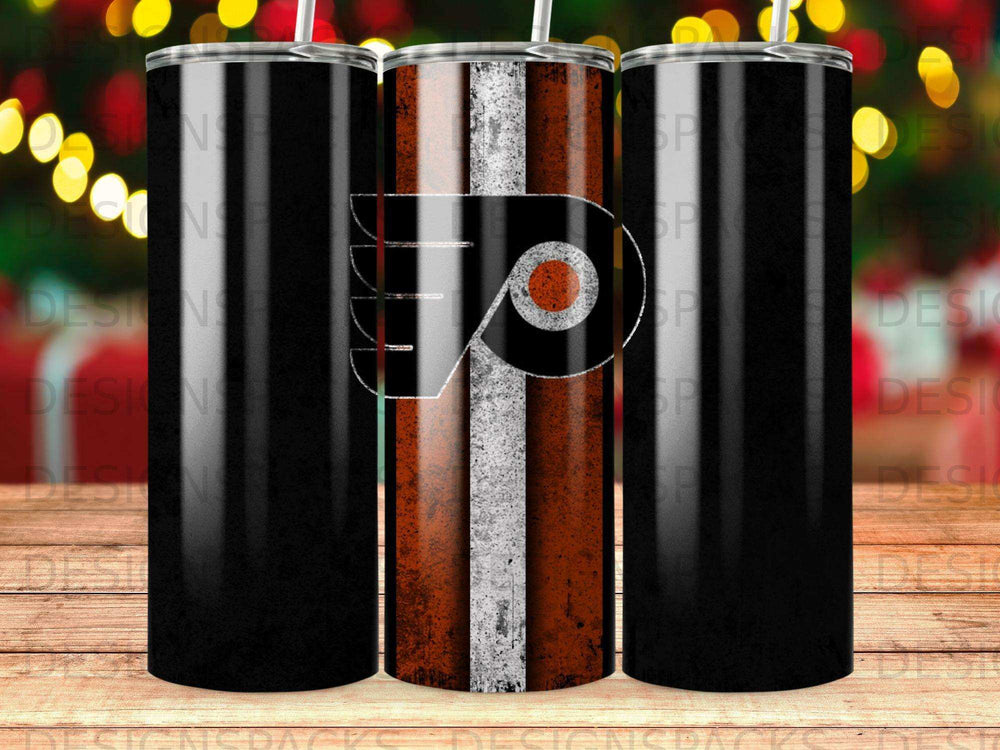 Philadelphia Flyers logo on a black tumbler with orange and white stripes.