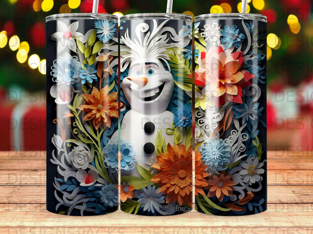 Olaf the snowman surrounded by colorful paper flowers on a skinny tumbler.