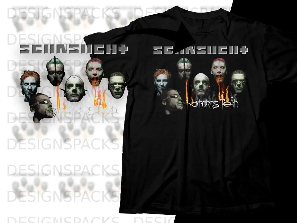 Black t-shirt with Rammstein band members and "Sehnsucht" text.