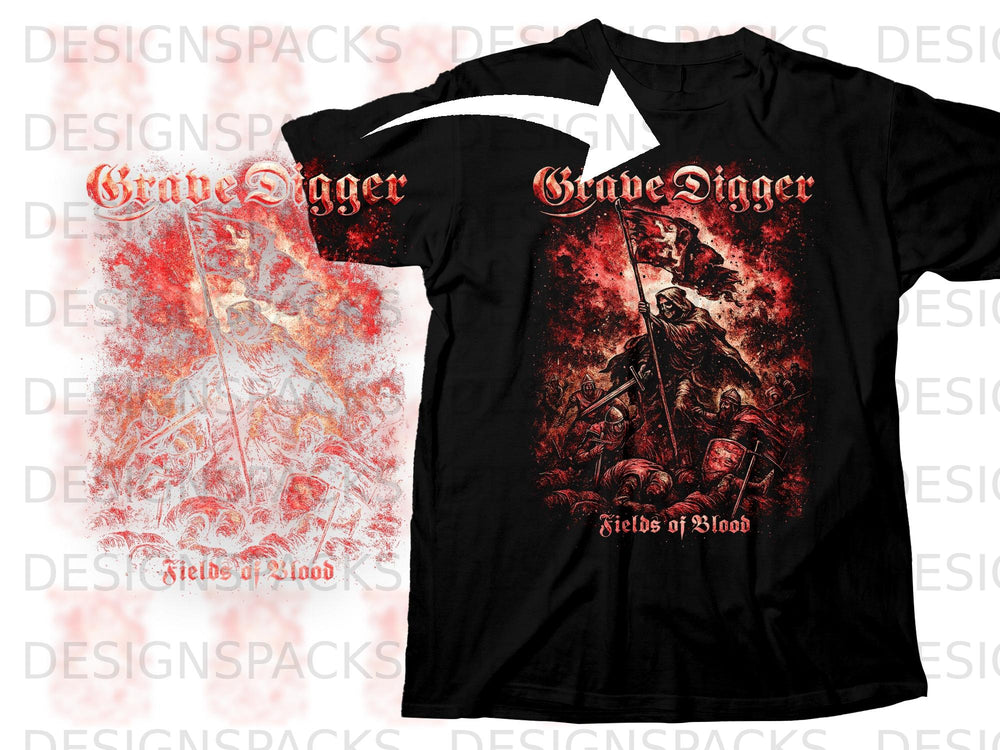 Black t-shirt with "Grave Digger" and "Fields of Blood" text and grim battle scene.