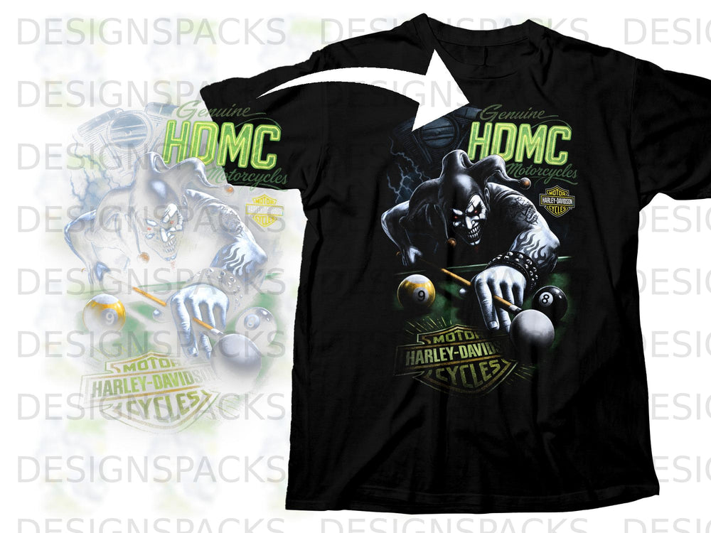 Black t-shirt with a jester playing pool and "Genuine HDMC Motorcycles" text.