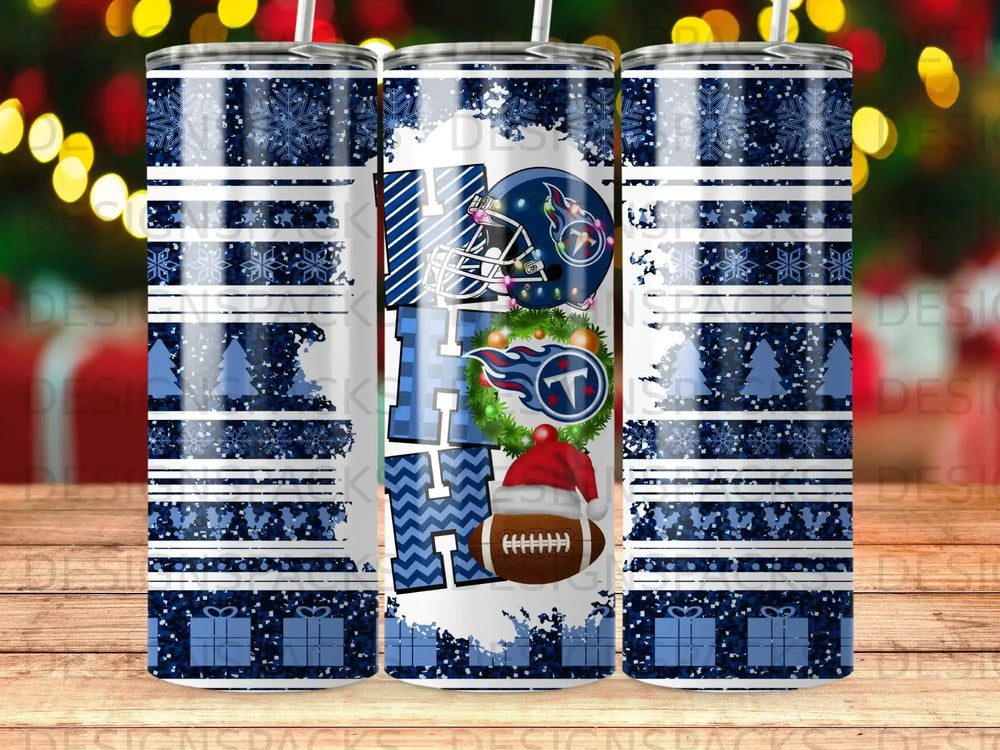NFL Tennessee Titans team logo with football, snowflakes, and presents design on a tumbler.