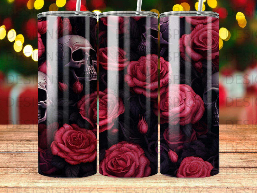 Dark red roses and skulls pattern on a tumbler.