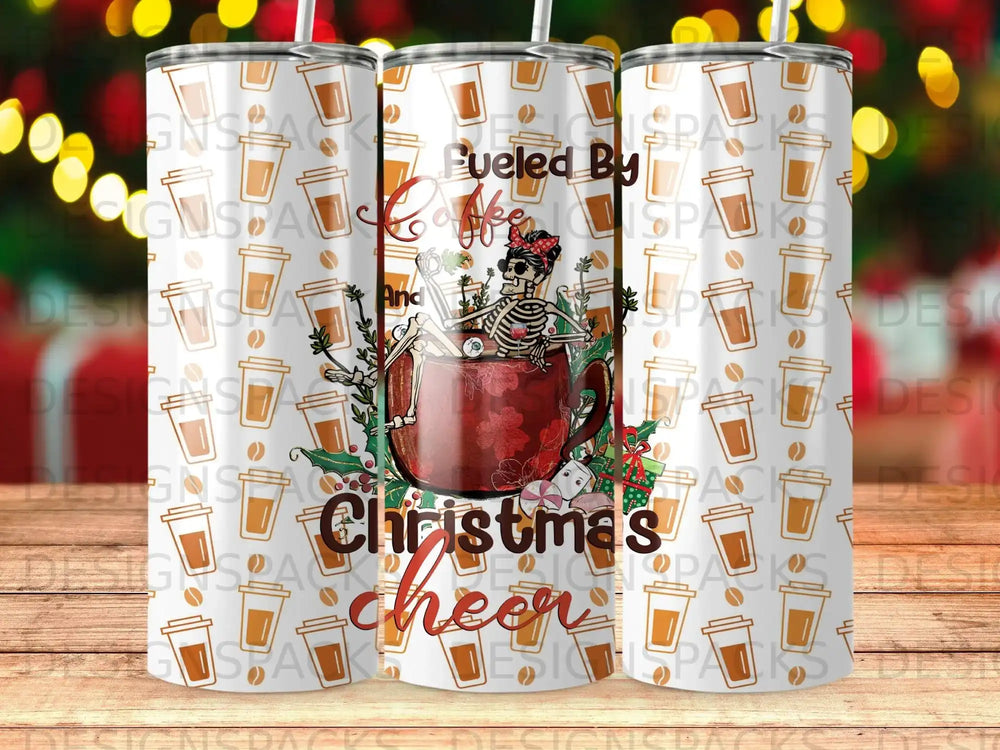 Skeleton in coffee mug with "Fueled By Coffee And Christmas Cheer" text.