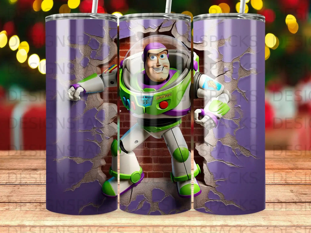 Buzz Lightyear breaking through a brick wall, purple speckled background.
