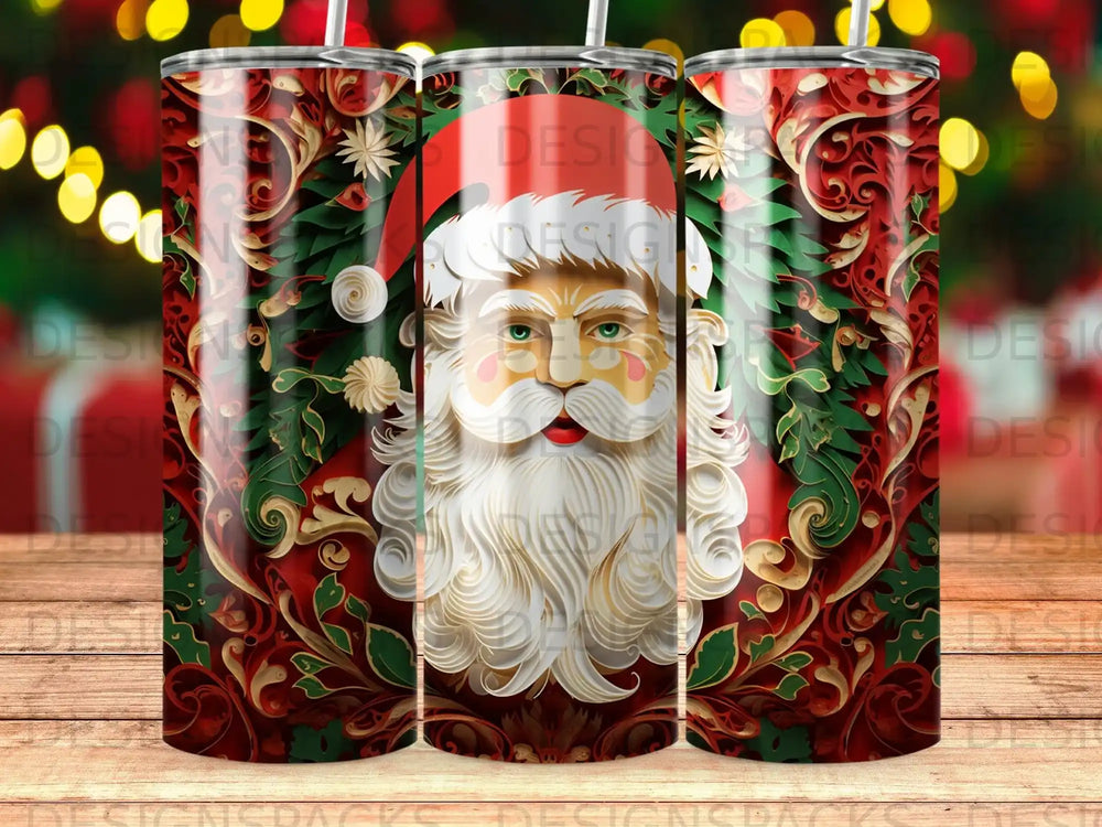 Santa Claus's face on a festive, ornate tumbler with red and green holiday patterns.