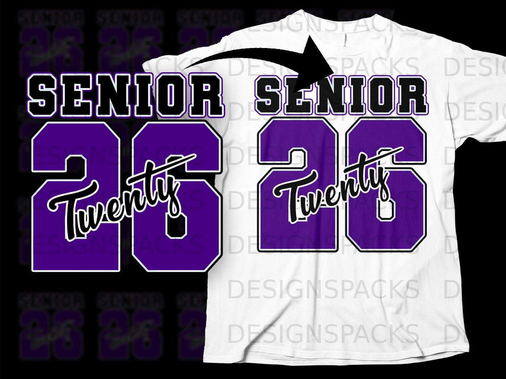 Purple "SENIOR 26 Twenty" graphic on a white t-shirt mockup.