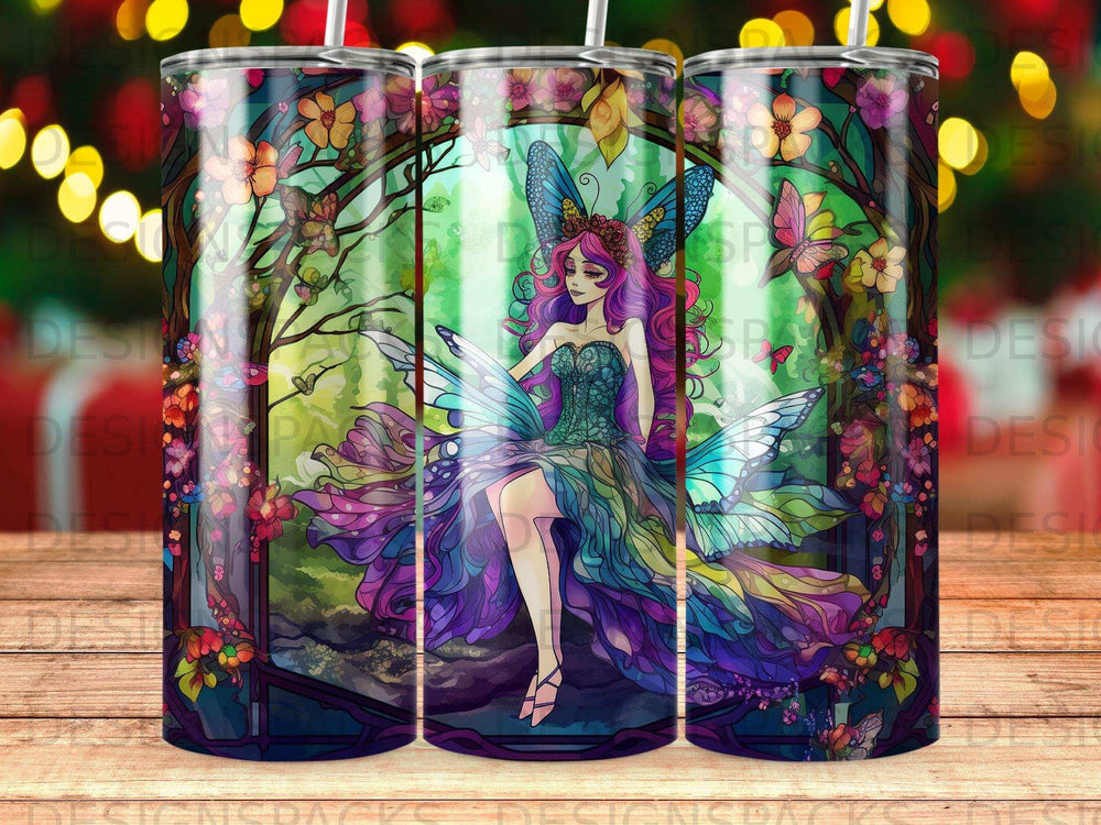 Fairy in a stained-glass forest with intricate floral and butterfly details.