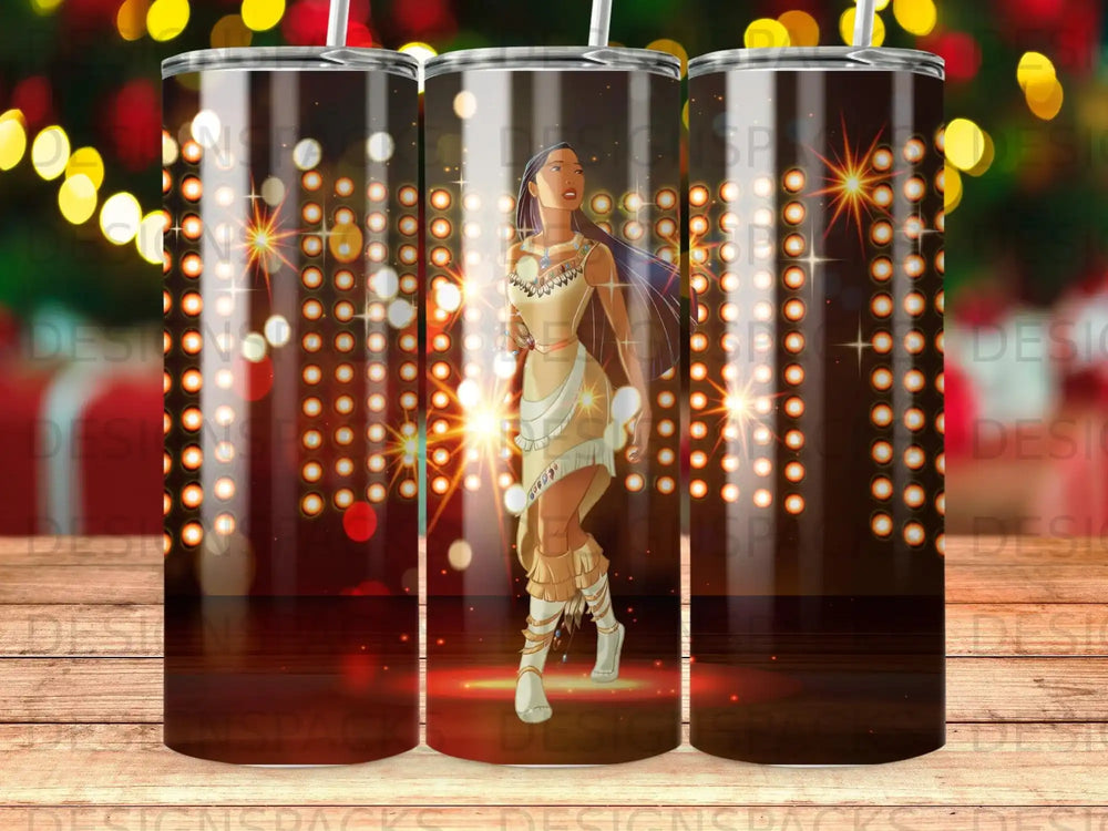 Native American woman in traditional attire with sparkly background.