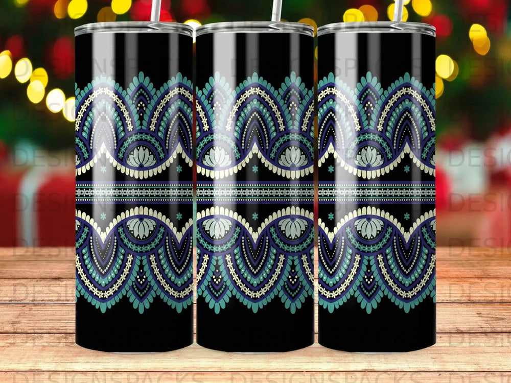 Black tumbler with a repeating blue, green, and white mandala pattern.