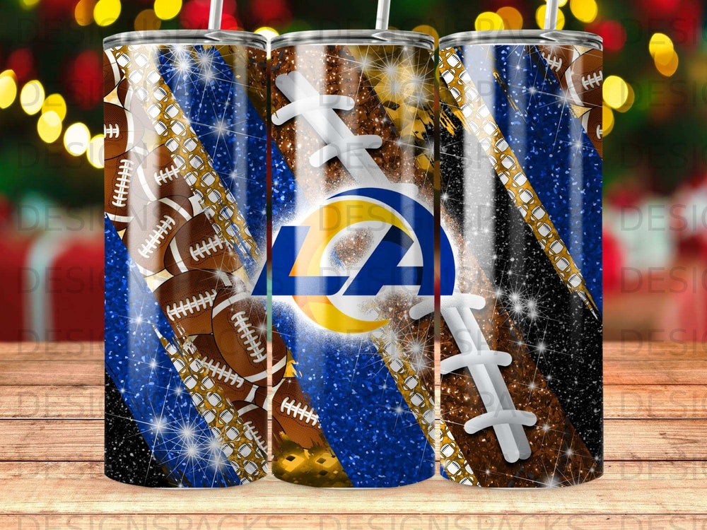 Los Angeles Rams football helmet pattern on sparkly tumbler cup.