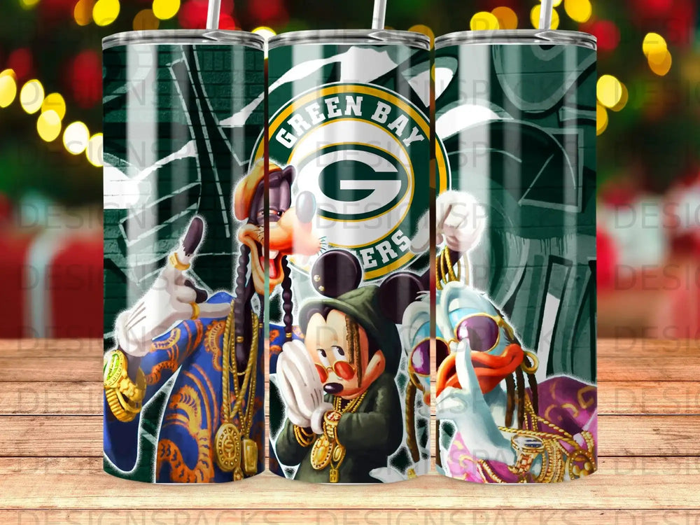 Green Bay Packers logo with Mickey Mouse, Donald Duck, and another character in stylish outfits.