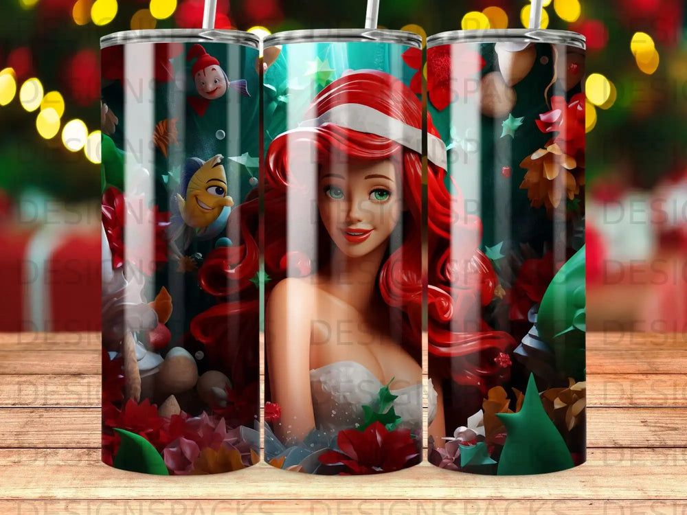The Little Mermaid's Ariel surrounded by festive Christmas decorations.