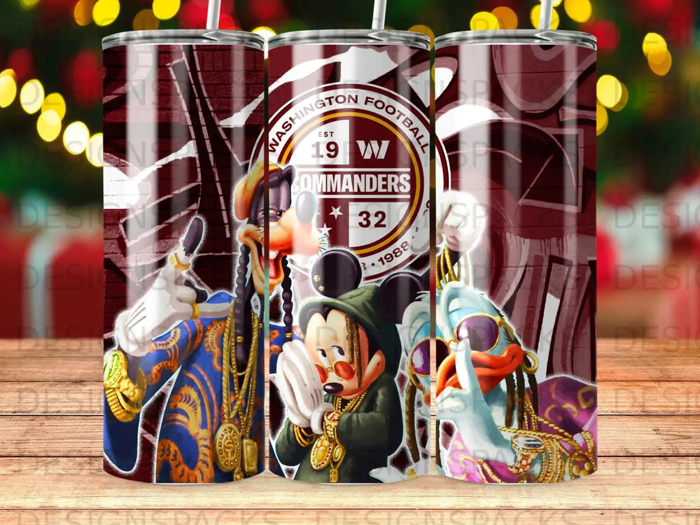 Washington Commanders 1988 tumbler with Mickey Mouse, Goofy, and Donald Duck.
