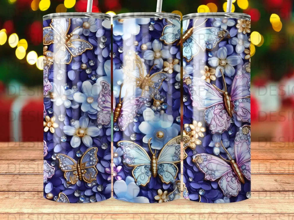 Purple floral tumbler with butterflies and faux rhinestones.