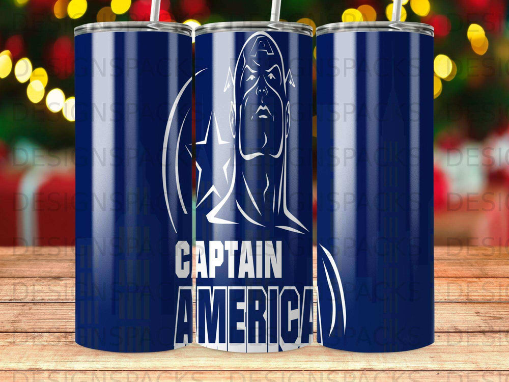 Captain America's shield and face on a blue tumbler with red and white stripes.