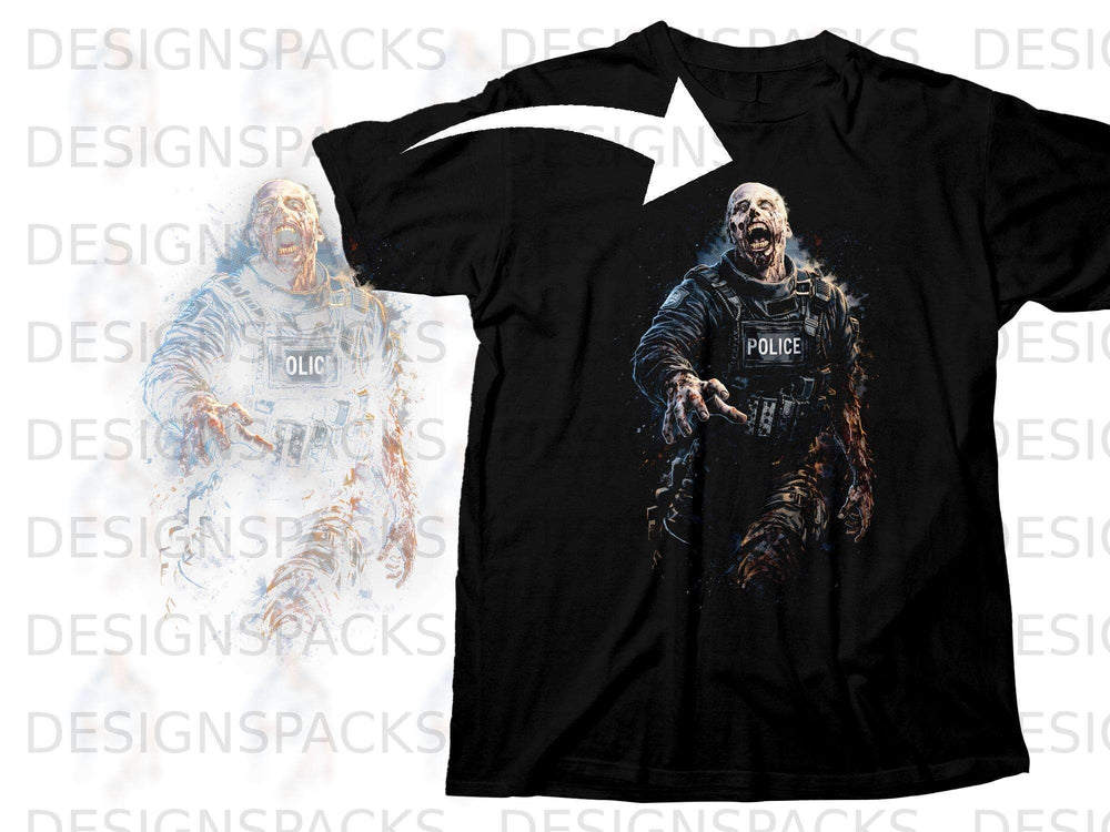 Black t-shirt with a zombie police officer graphic and a white arrow.
