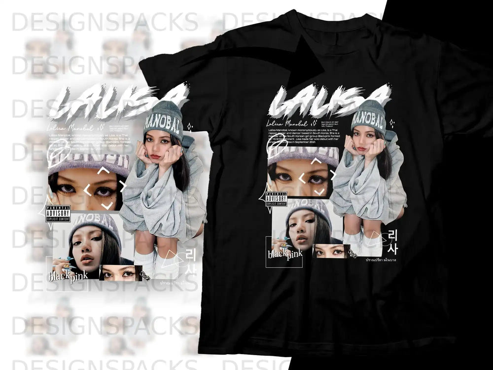 Black t-shirt featuring rapper Lisa of Blackpink with text.