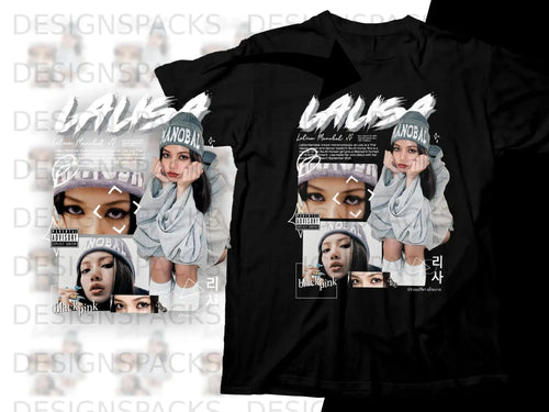 Black t-shirt featuring rapper Lisa of Blackpink with text.