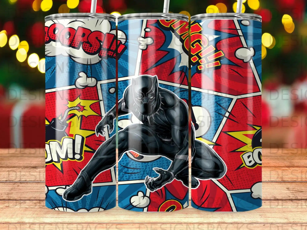 Black Panther in a dynamic pose against a comic book background with "POW!" and "BAM!" text.