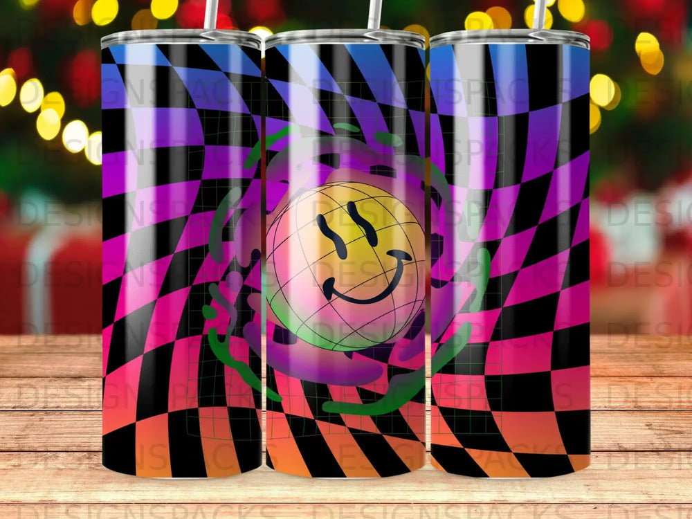 Checkerboard background with colorful smiley face and wavy lines.