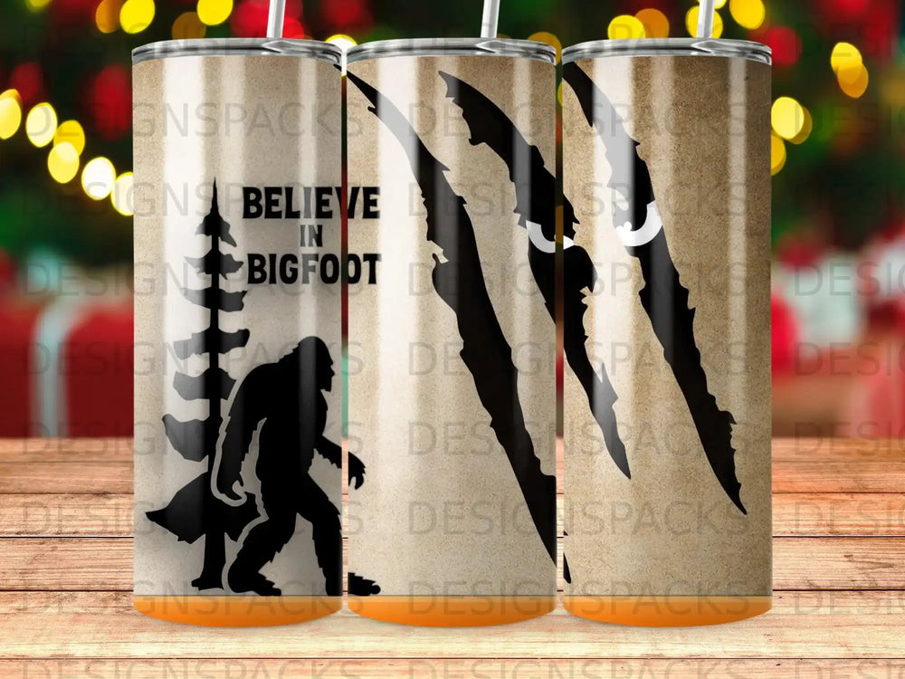 Black Bigfoot silhouette with "Believe in Bigfoot" text on a textured background.