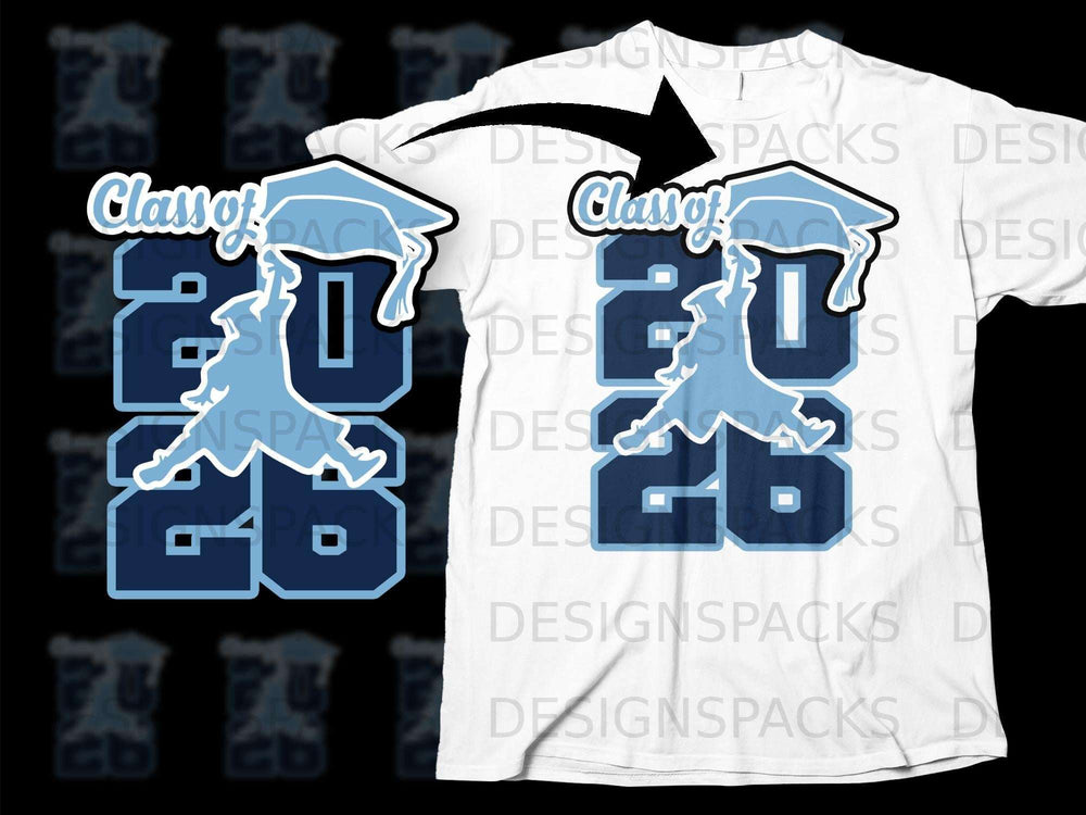 White t-shirt with "Class of 2026" design featuring a graduation cap and silhouette.