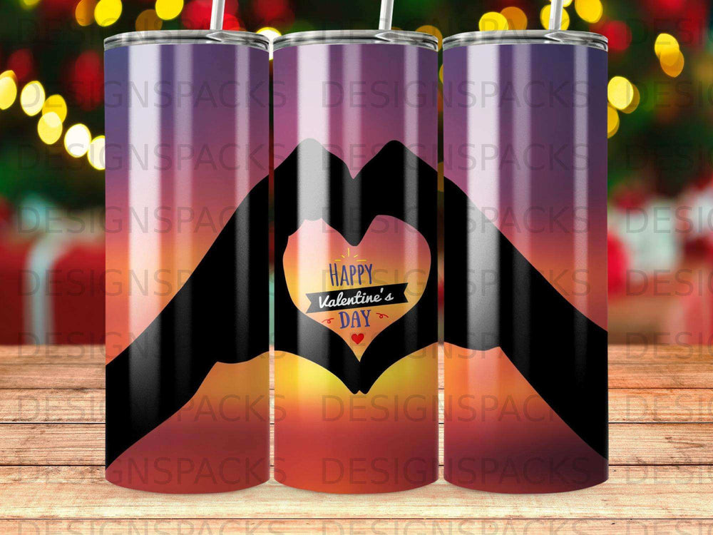 Tumbler with "Happy Valentine's Day" text and heart-shaped hands.