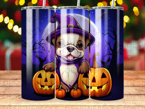 French bulldog in witch costume with pumpkins, Halloween themed tumbler.