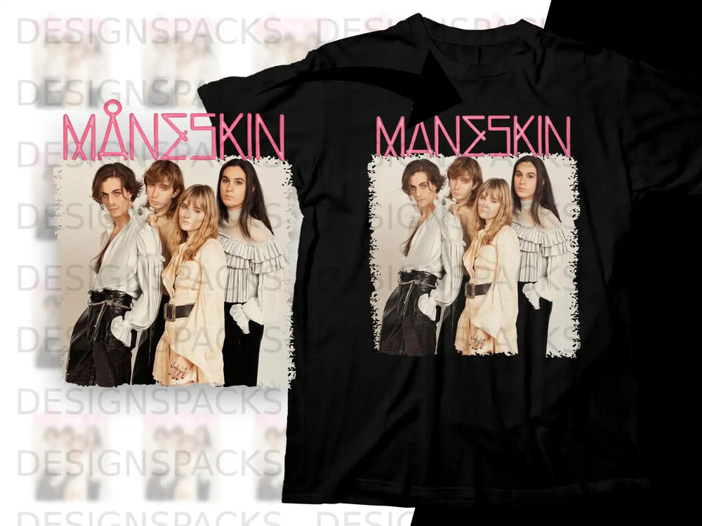 Måneskin band members posing in stylish outfits on a black t-shirt.