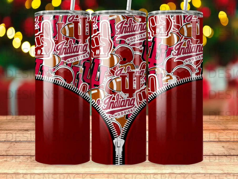 Indiana Hoosiers repeating pattern tumbler with red and white football and helmet graphics.