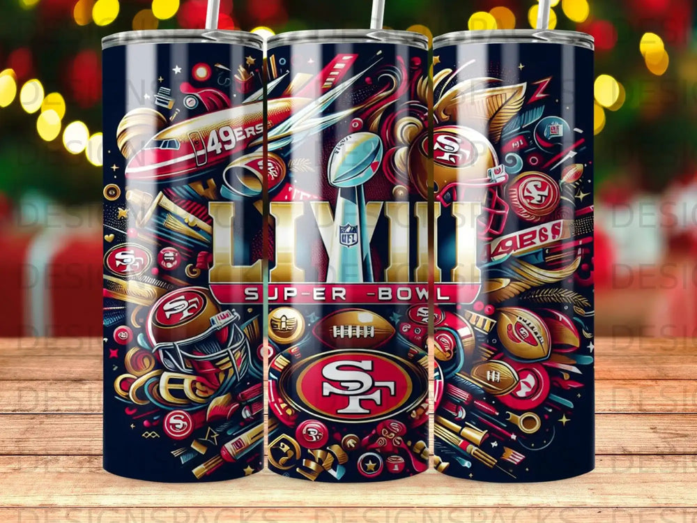 Super Bowl LVII logo with 49ers and Chiefs iconography on a dark background.
