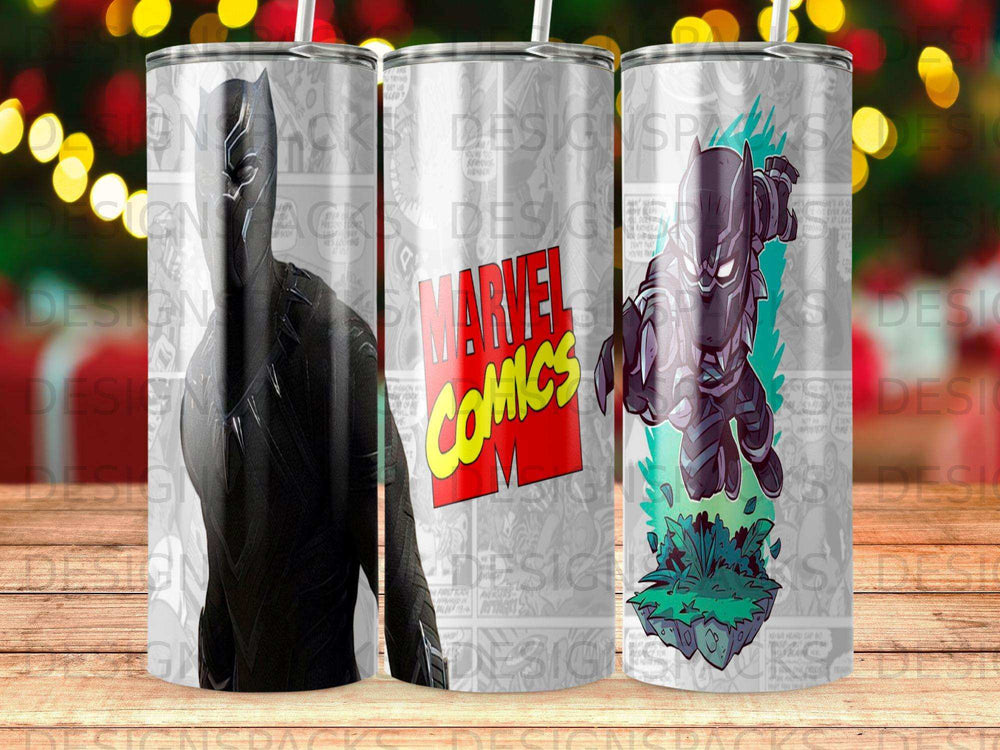 Black Panther on Marvel Comics tumbler with "Marvel Comics" logo.