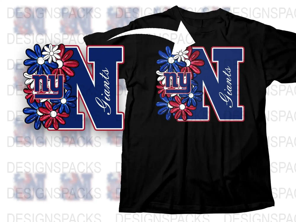 New York Giants Floral Letter Print T-Shirt, NY Giants Fan Gear, Unisex Sports Apparel, Game Day Shirt, Team Spirit Clothing