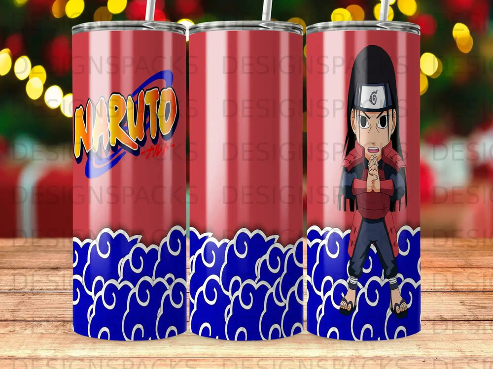 Naruto Uzumaki on a red tumbler with blue swirls and text watermark.