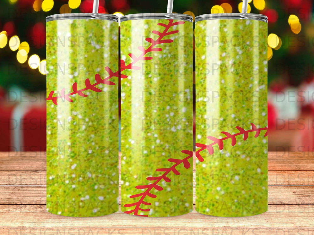 Glittery tumbler with red baseball stitching design.