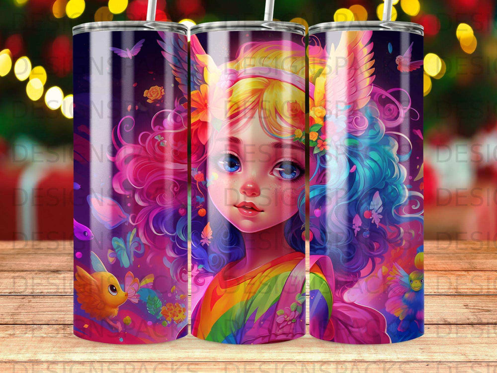 Fantasy girl with rainbow hair and wings, surrounded by birds and flowers.
