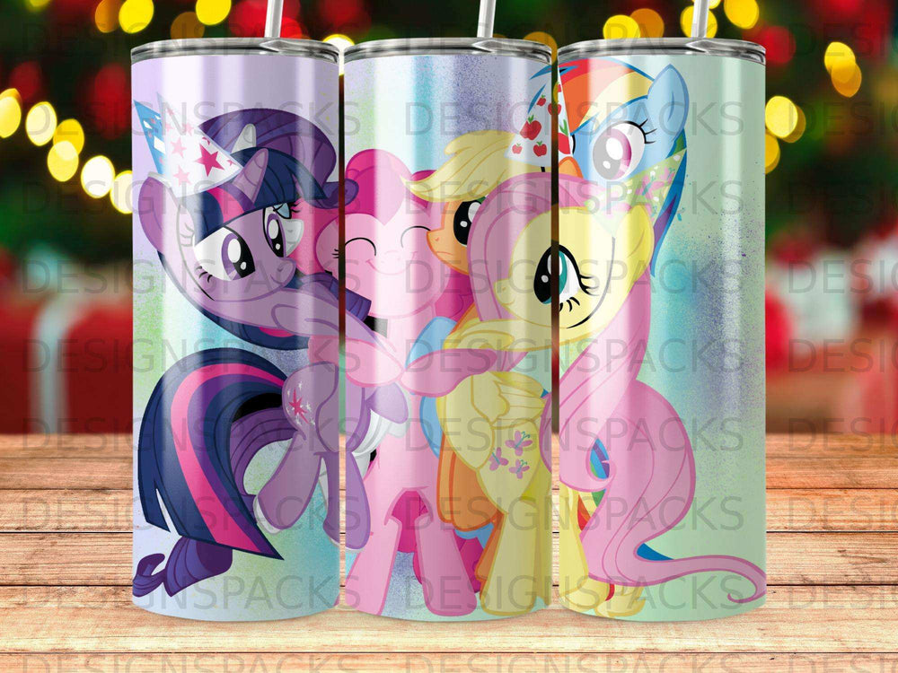 Three My Little Pony characters with colorful manes on a glittery tumbler.
