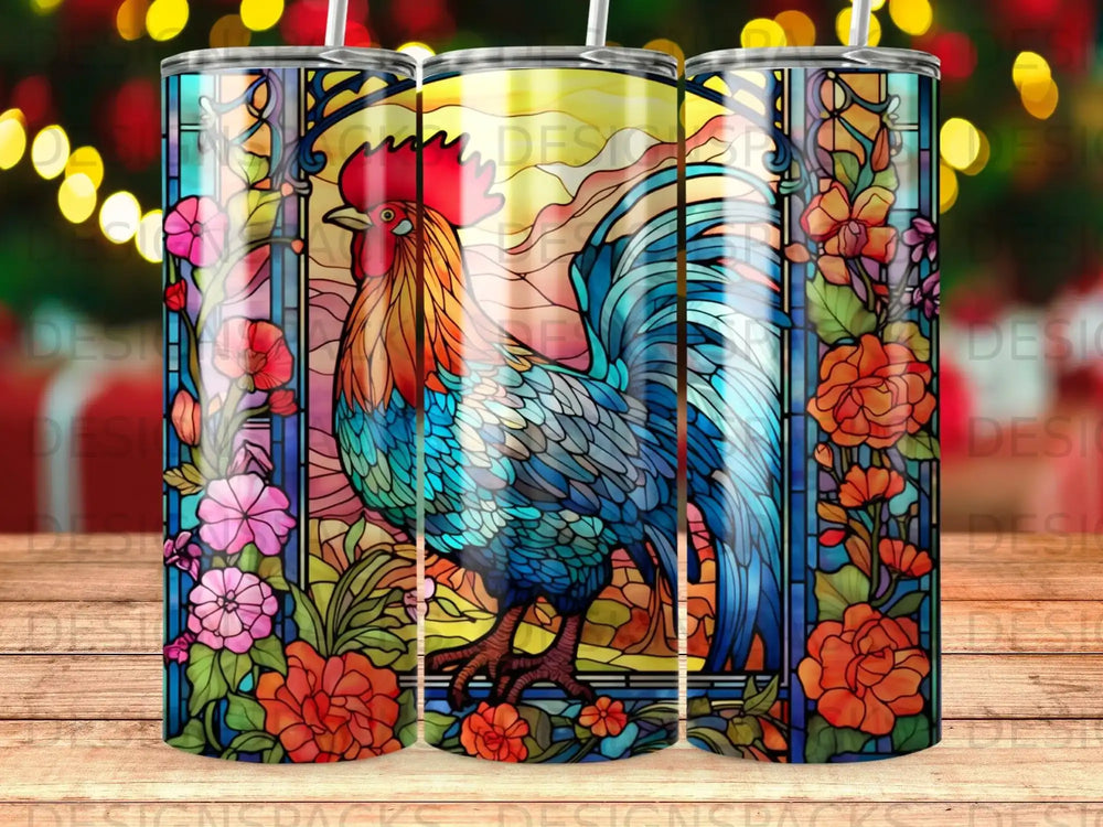 Stained glass rooster with colorful flowers, on a textured background.