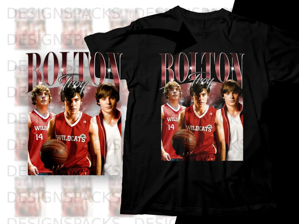 T-shirt mockups with the "Bolton Wildcats" logo and three actors.