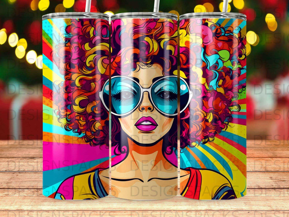 Colorful pop art portrait of a woman with large sunglasses and curly hair.