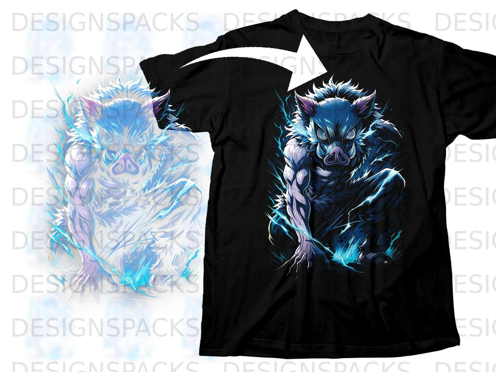 Black t-shirt with a blue and purple wild boar character design.