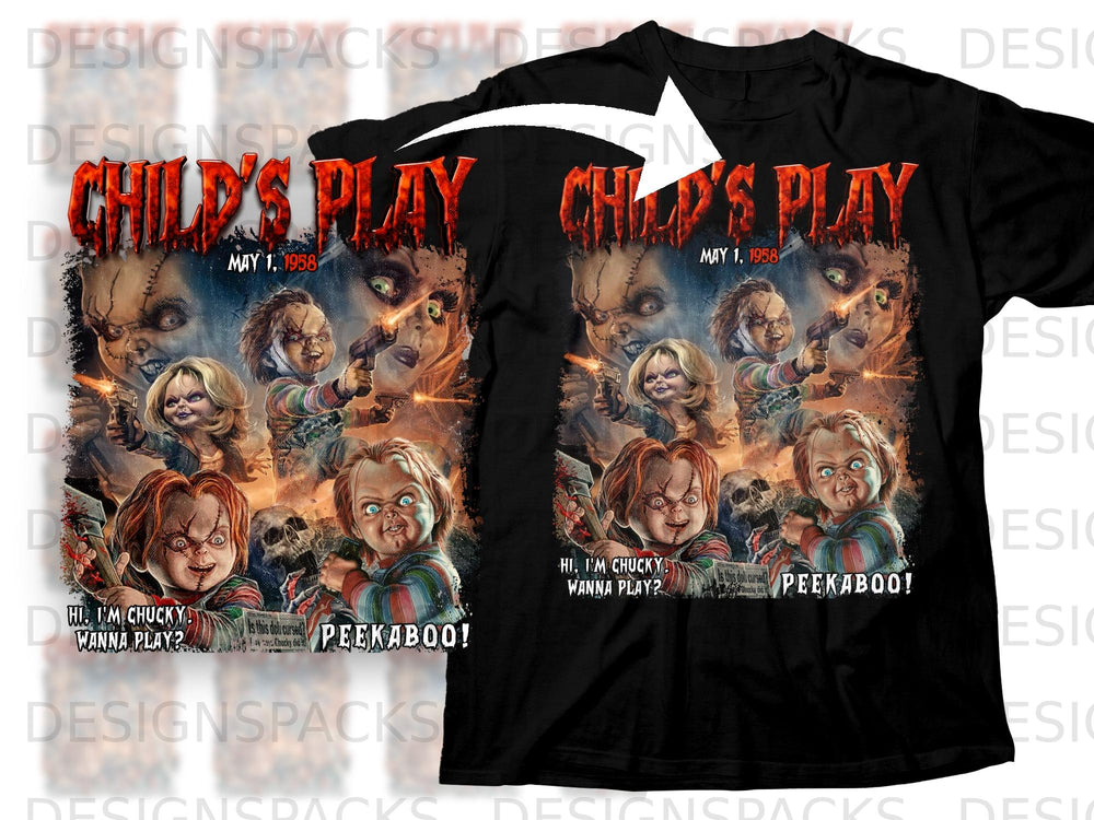 Child's Play graphic with Chucky dolls, guns, and text "May 1, 1958".