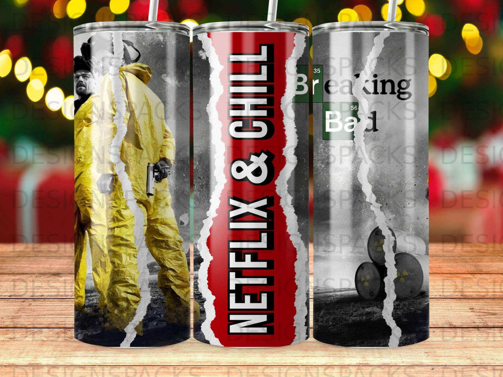 Tumbler with Netflix & Chill and Breaking Bad images, featuring a man in a hazmat suit.