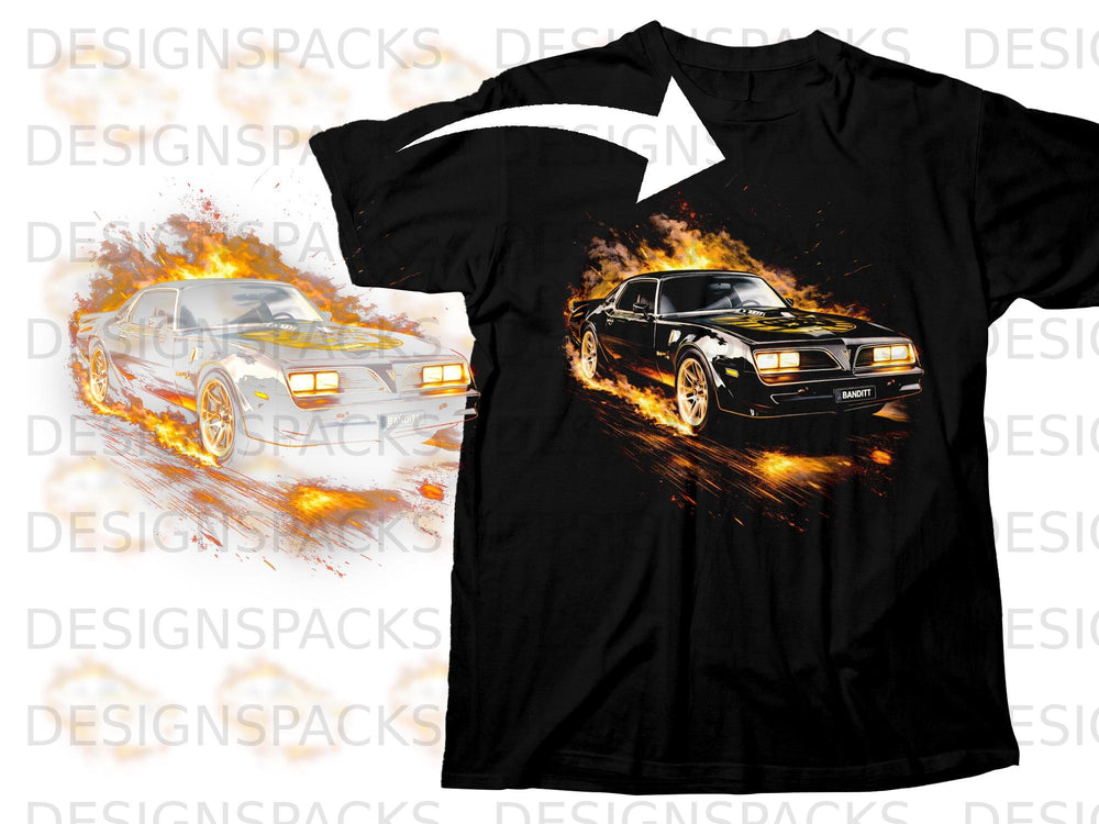 Black t-shirt with a graphic of a black car engulfed in flames.
