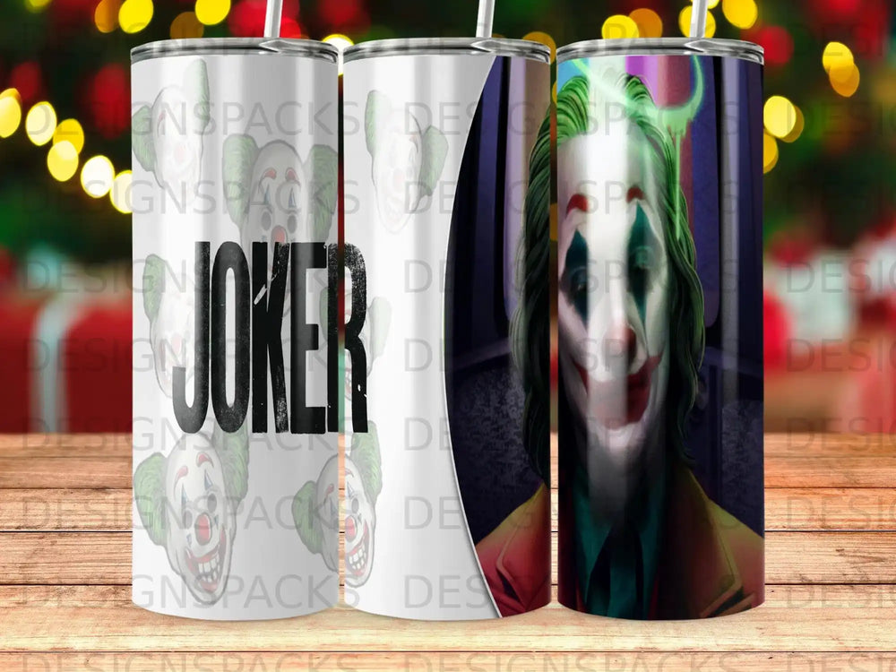 Joker character artwork on a white tumbler, with "JOKER" text.