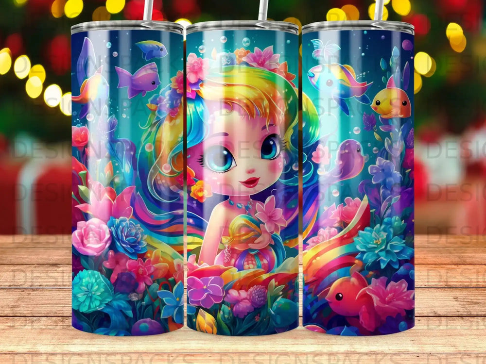 Fantasy girl with rainbow hair and colorful fish among flowers.