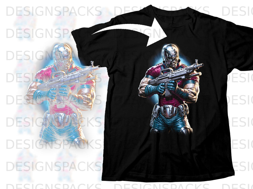 Black t-shirt with a comic book character holding a rifle.