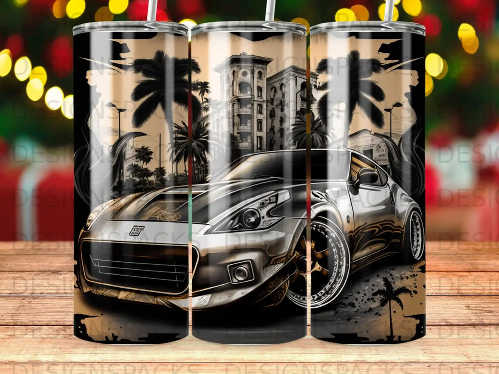 Silver Nissan Z car with palm trees and buildings in a vibrant, stylized cityscape.