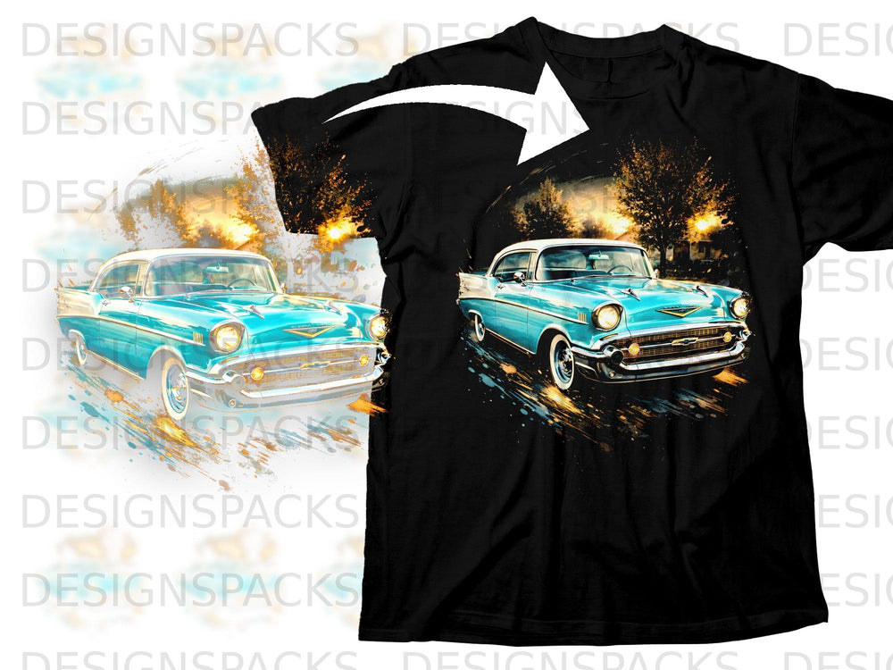 Black t-shirt featuring a watercolor-style graphic of a vintage teal Chevrolet Bel Air.